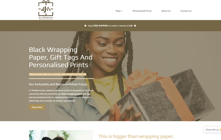 Website Design for Black Wrapping Paper Gift Tags and Gift Cards | AJ McKenna