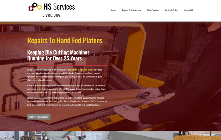 Website Design for Hand Fed Platen Repairs Maintenance and More | HS Services