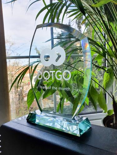 DotGO team of the month award DotGO celebrates the team of the month at on the last working day of each calendar month with a wonderful glass trophy to the team that has worked the hardest.