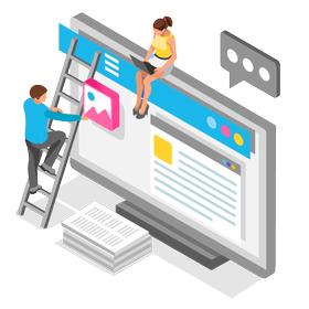 woman sitting on a website being made by a man on ladder 