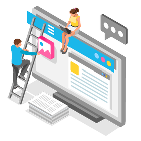 woman sitting on a website being made by a man on ladder